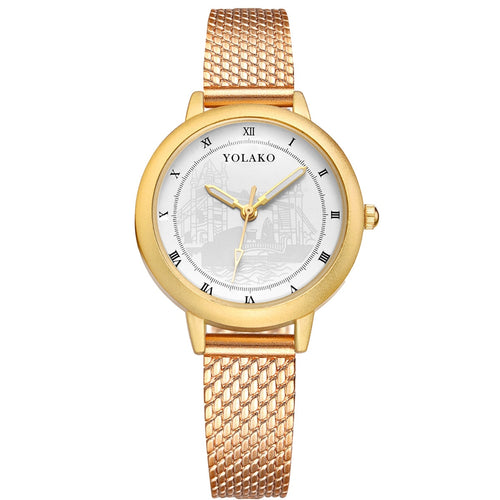 gold color metal wrist watch