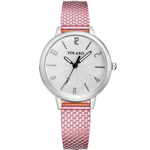 pink metal wristwatch